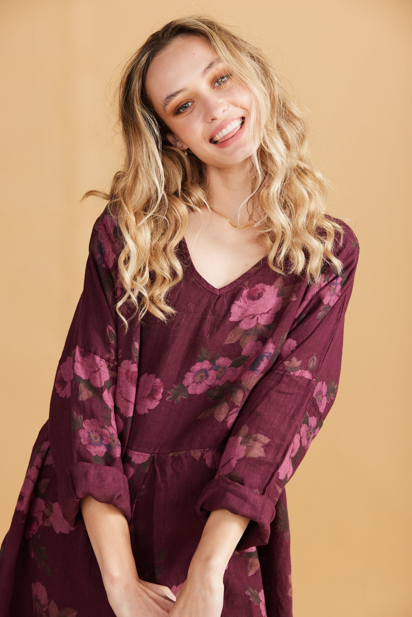 Amelia floral linen dress. Bordeaux