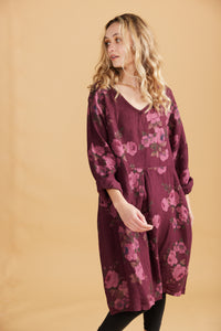 Amelia floral linen dress. Bordeaux