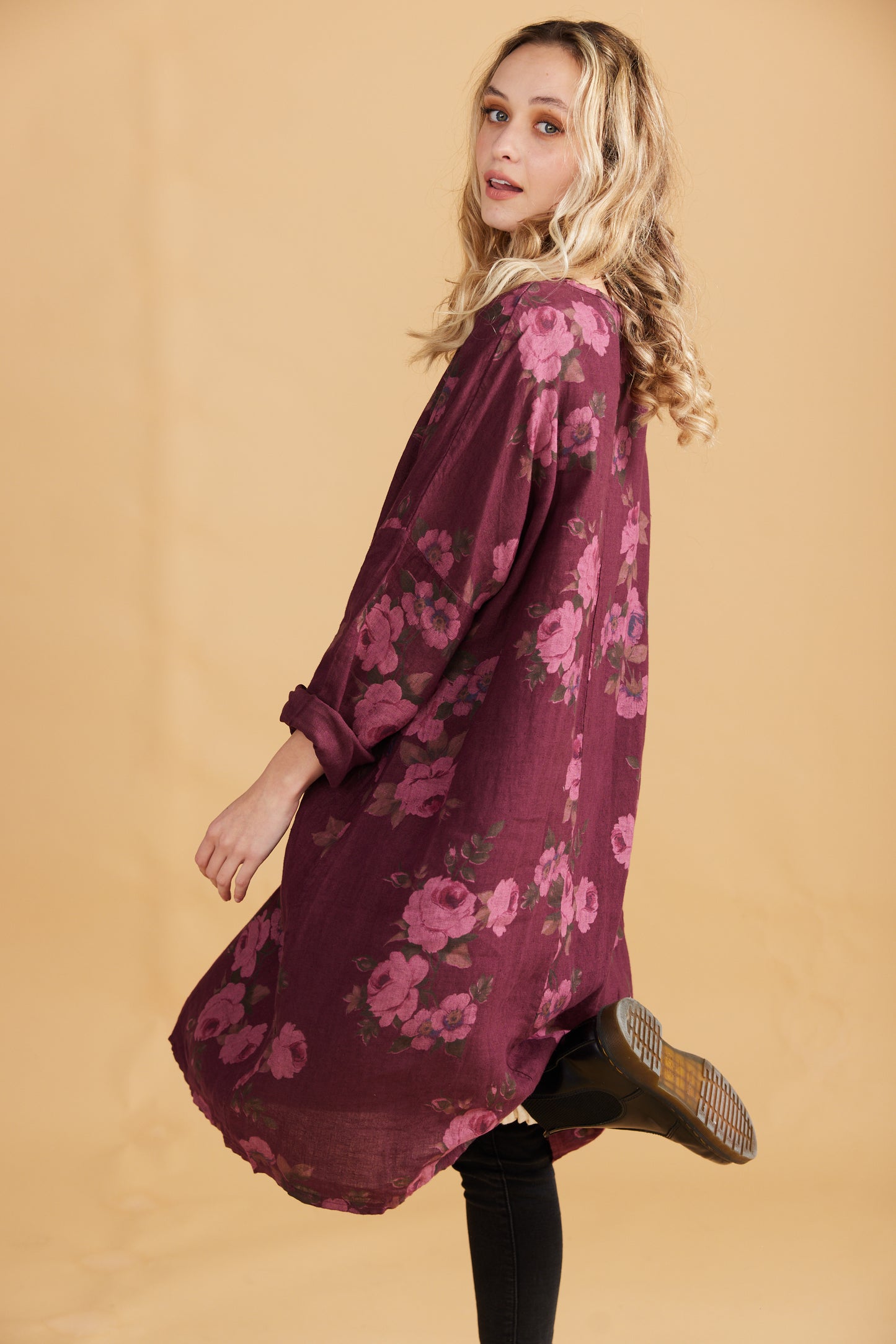 Amelia floral linen dress. Bordeaux
