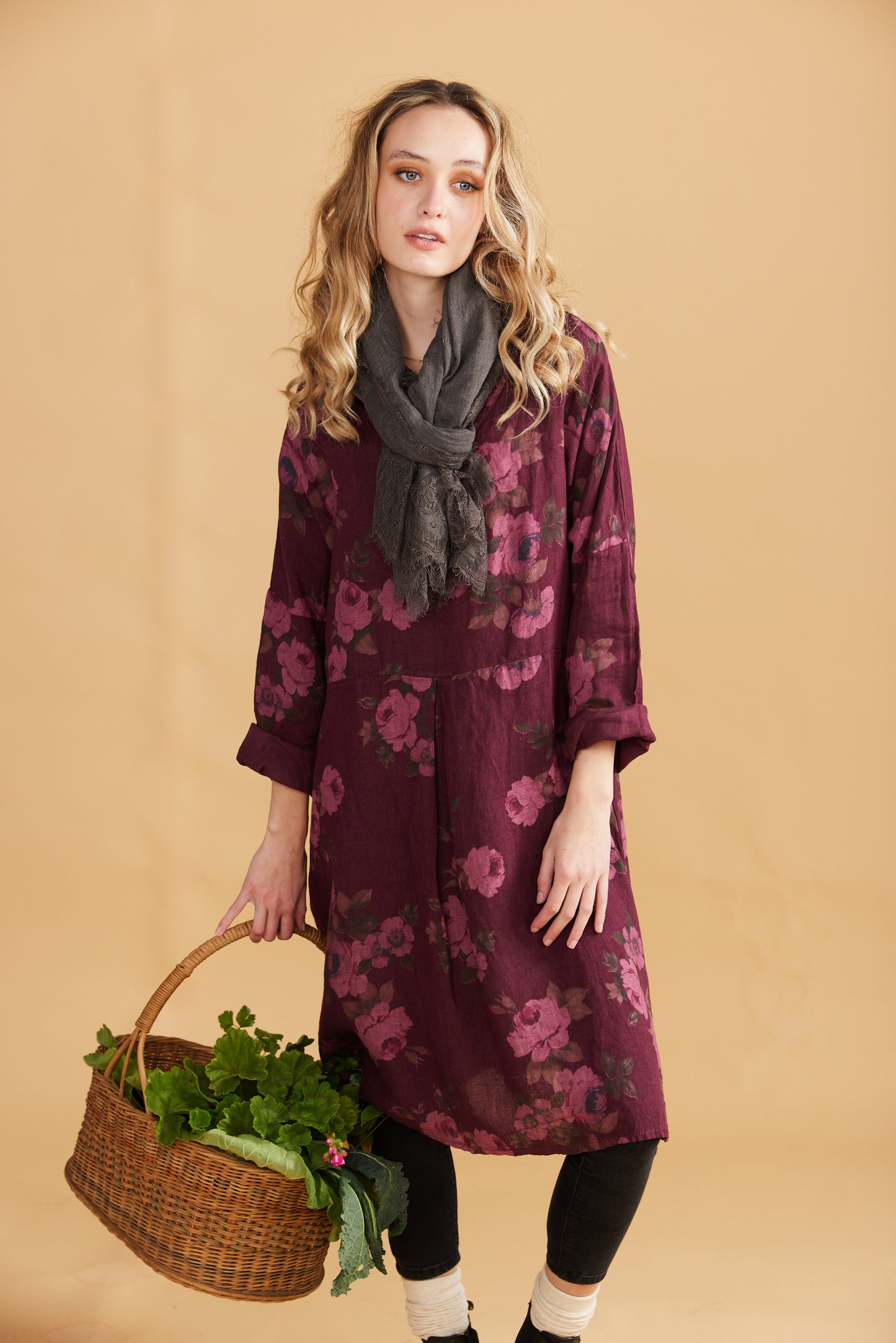 Amelia floral linen dress. Bordeaux