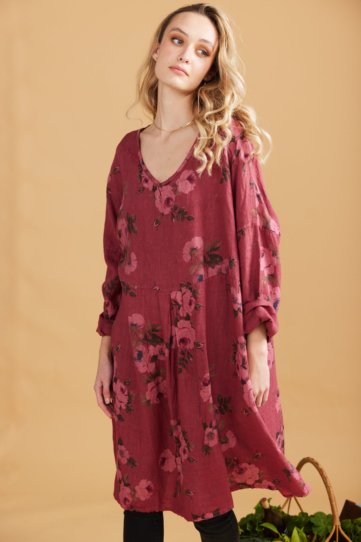 Amelia floral linen dress. Cranberry Rose