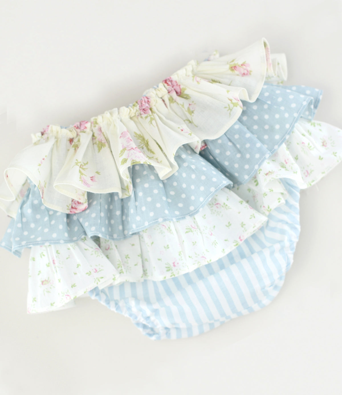 Floral ruffle Baby Bloomers. blue floral.