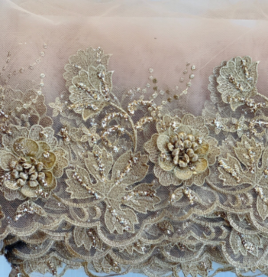 gold glittered lace.  gold on champagne  applique roses