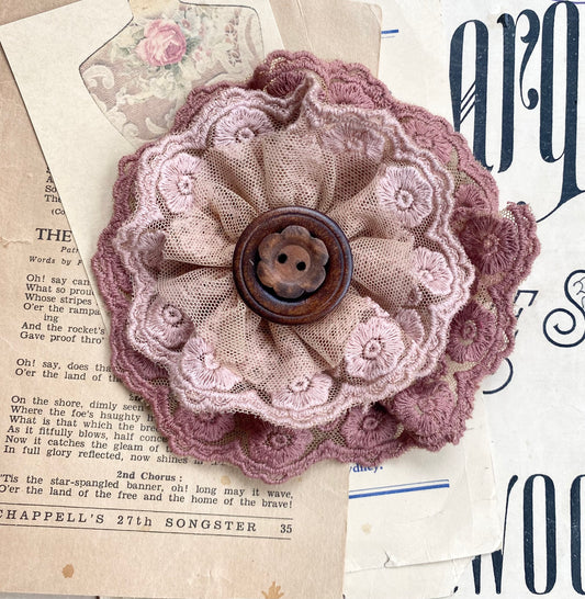 Lacey flower brooch. Dusty Pink and Antique Autumn