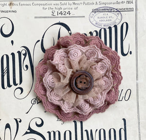 Lacey flower brooch. Dusty Pink and Antique Autumn