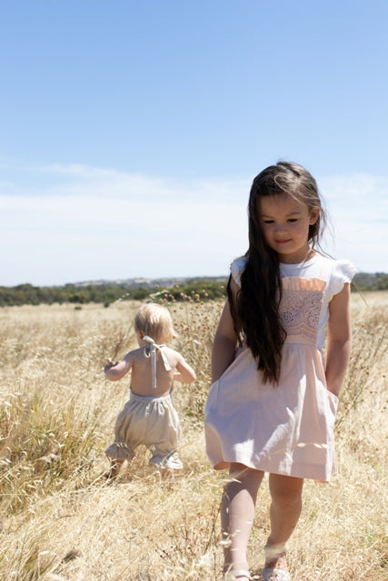 Linen and lace childs pinafore dress
