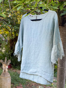 Ellie lace ruffled sleeve top. Pastel Sage green