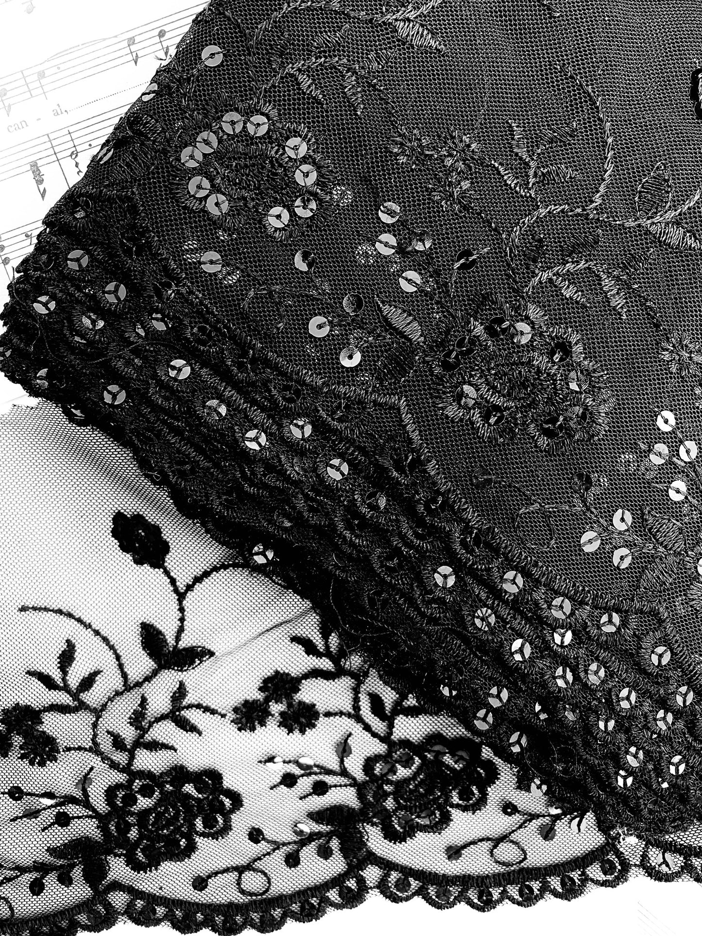 Beaded sequinned  Black lace.