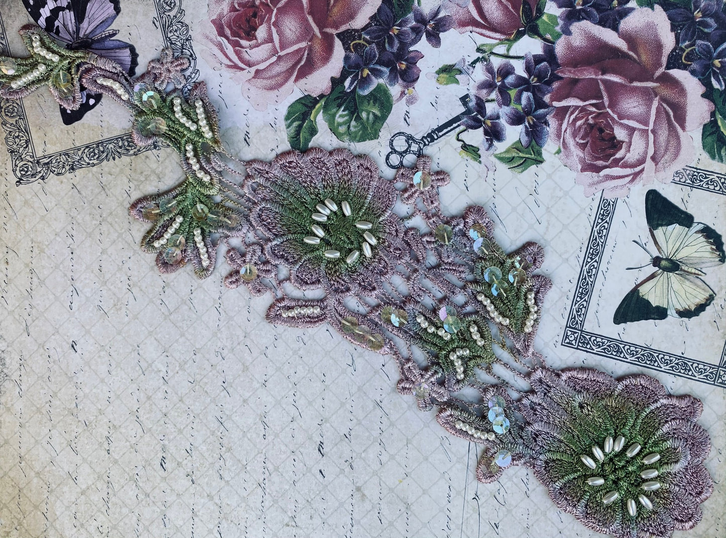 floral vintage beaded lace embellishment panels. lilac and green.