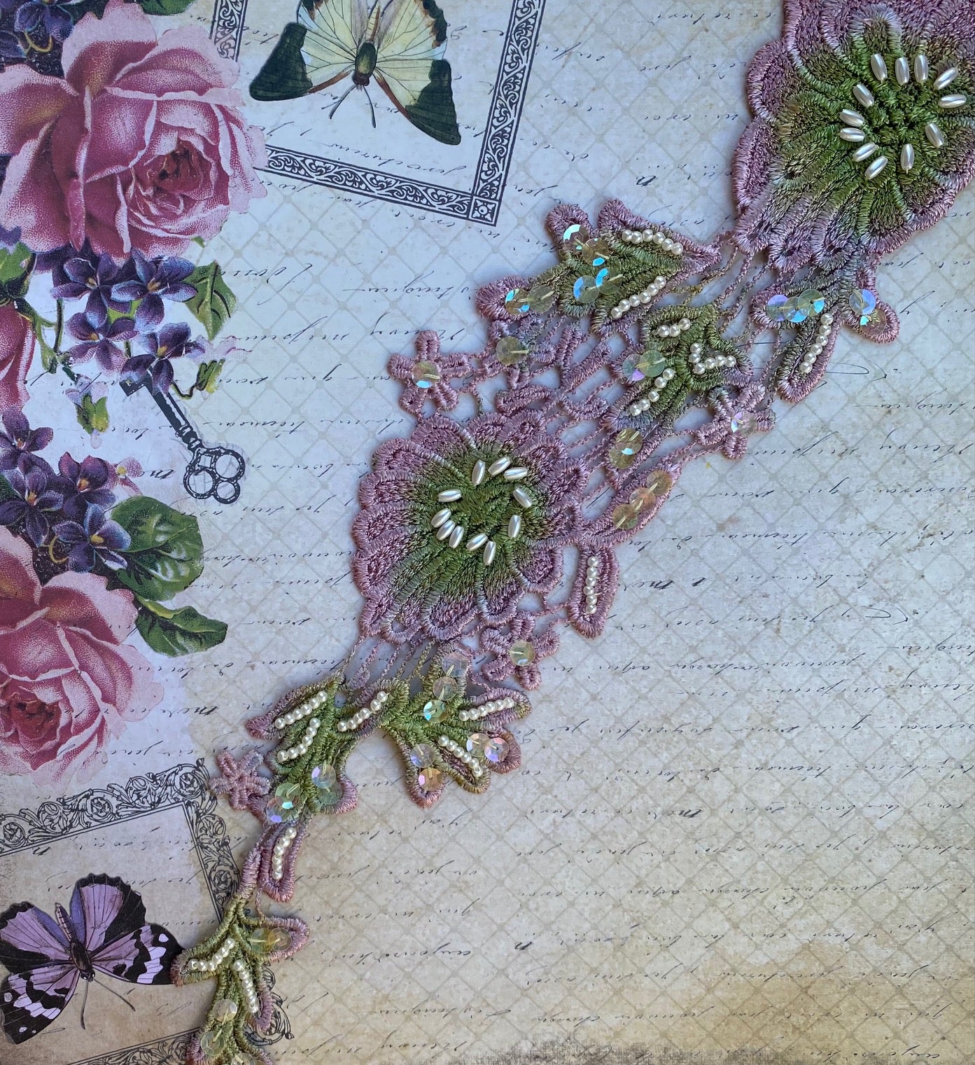 floral vintage beaded lace embellishment panels. lilac and green.