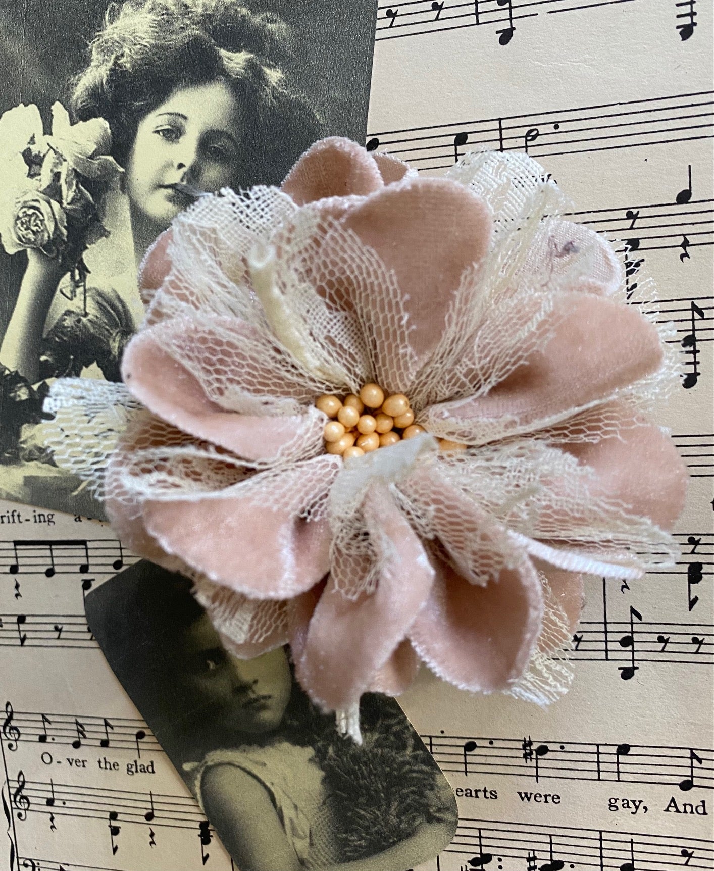 Tea dyed velvet and lace flower brooch.