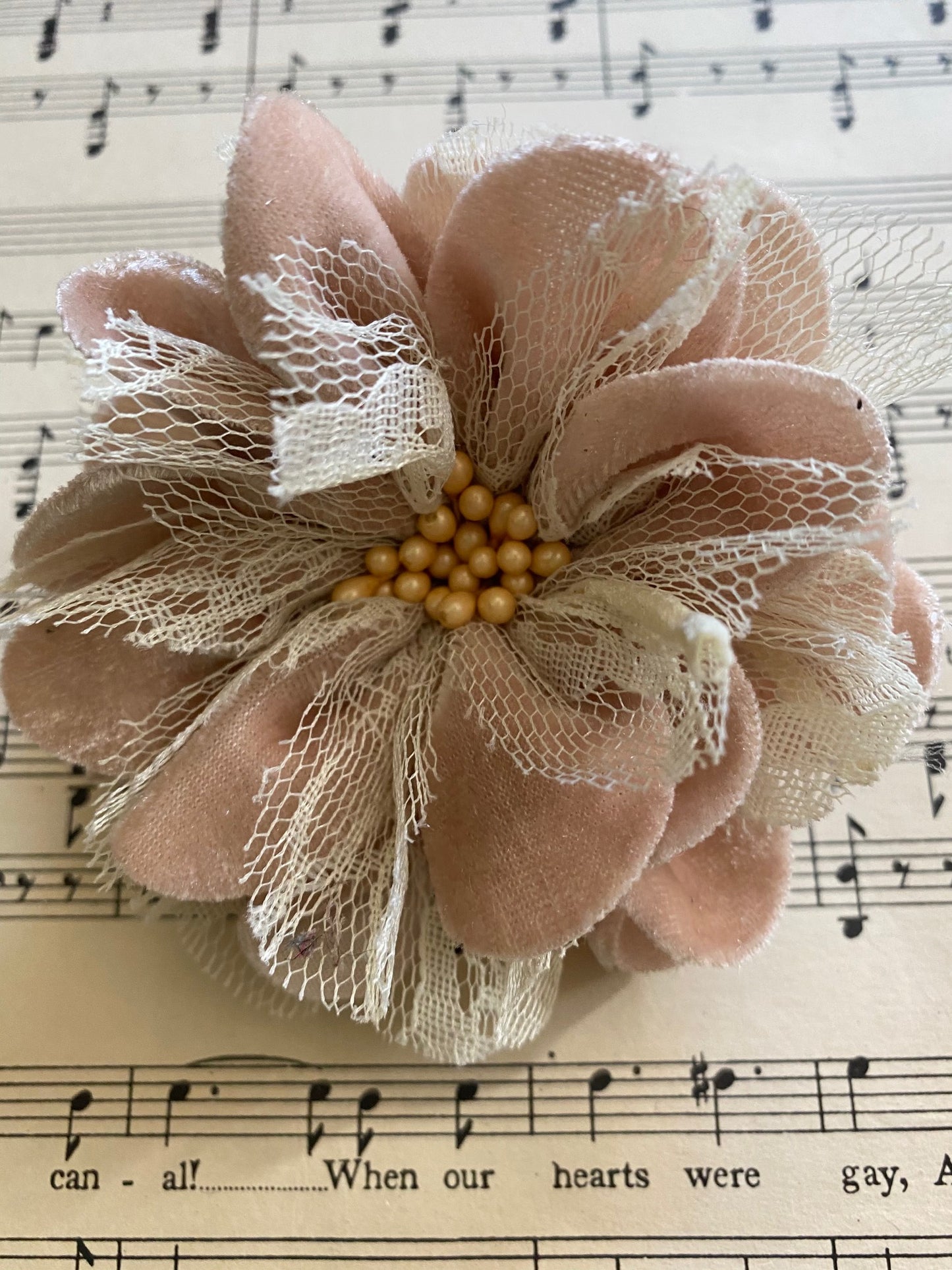 Tea dyed velvet and lace flower brooch.