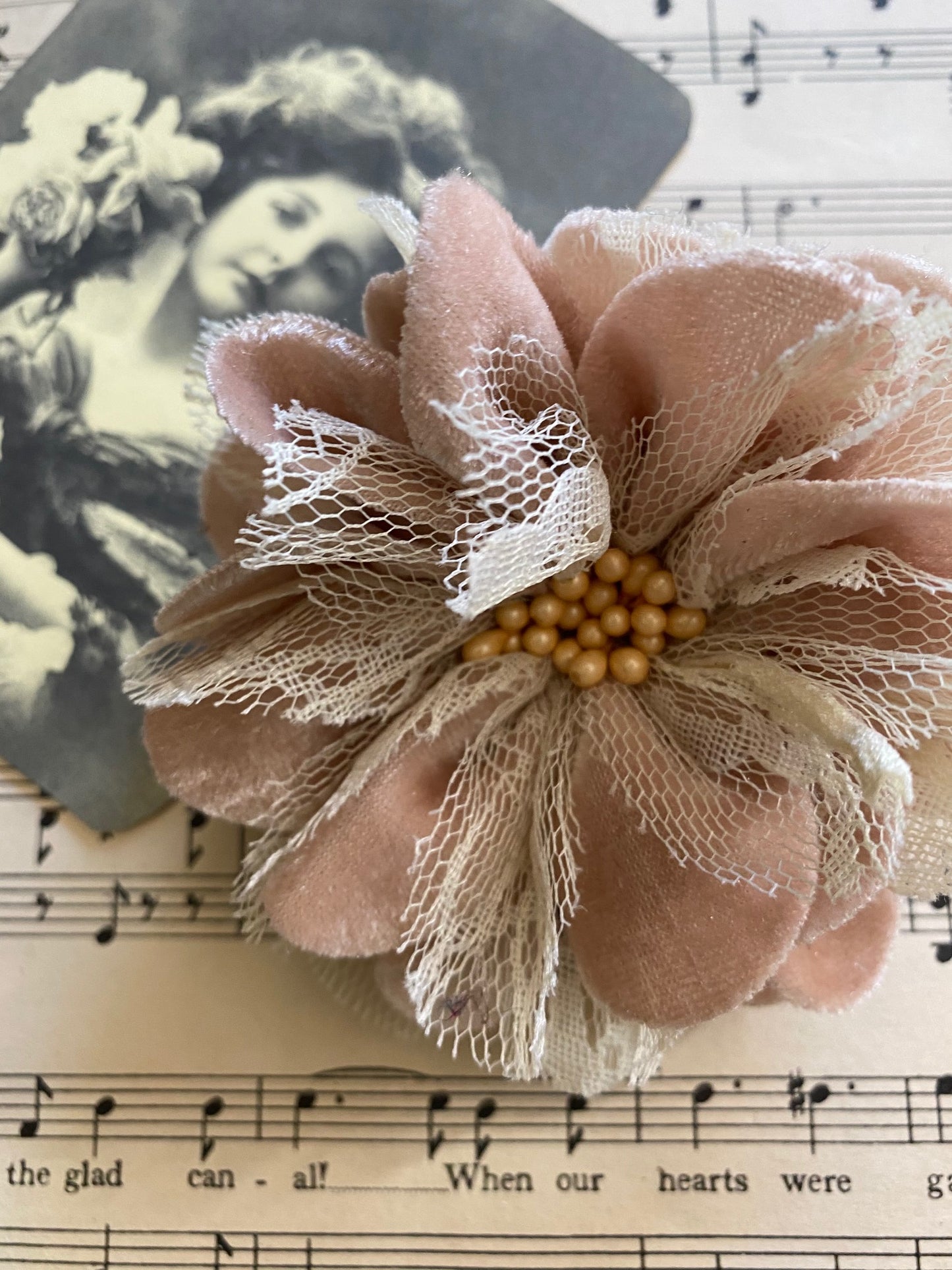 Tea dyed velvet and lace flower brooch.