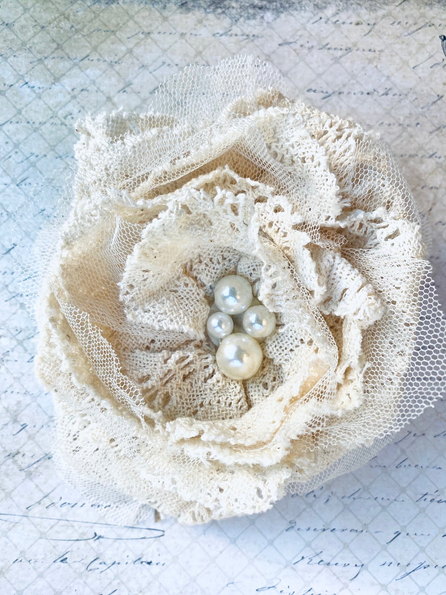 crochet lace rose brooch. Antique cream. vintage rose and coffee.