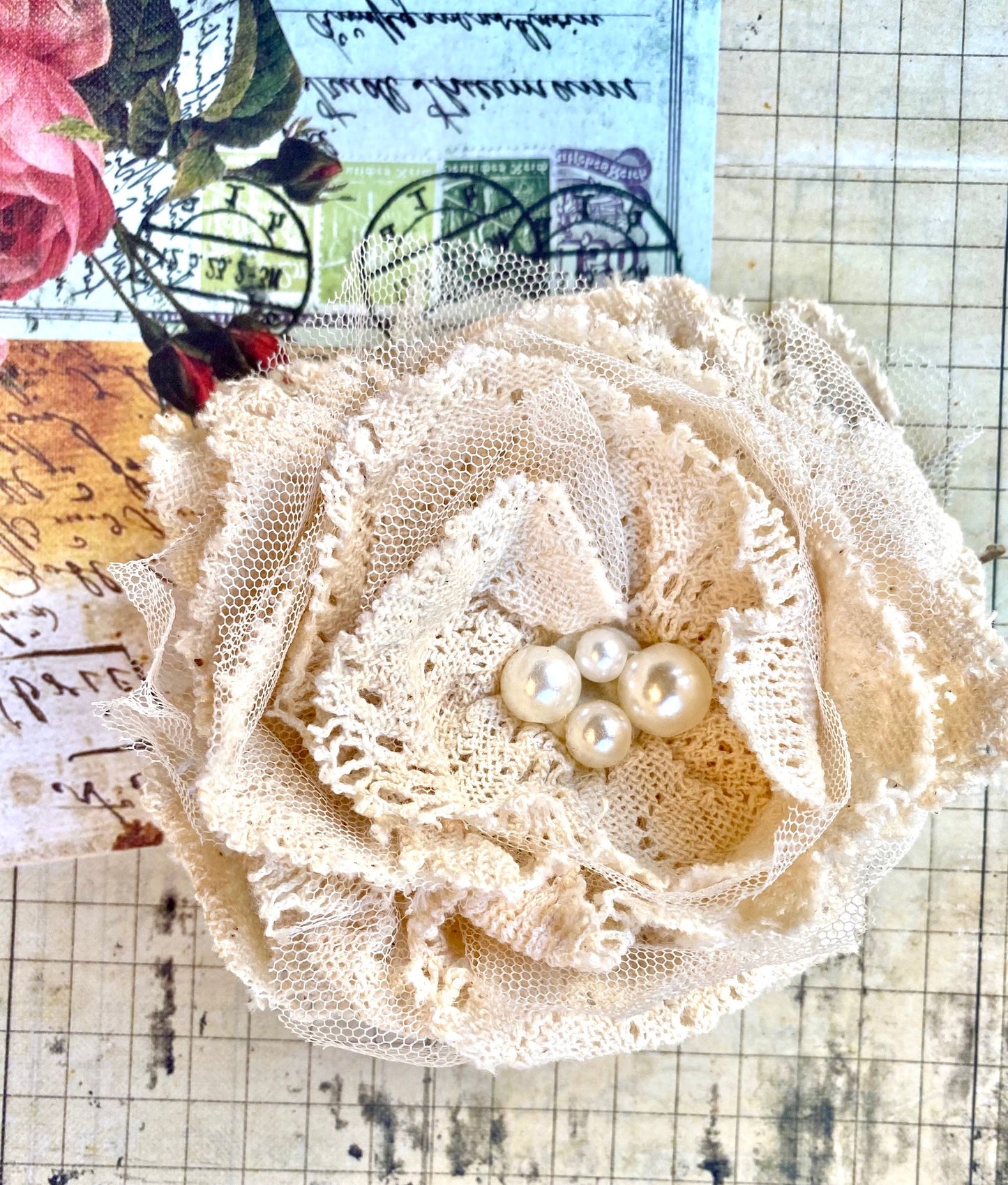 crochet lace rose brooch. Antique cream. vintage rose and coffee.