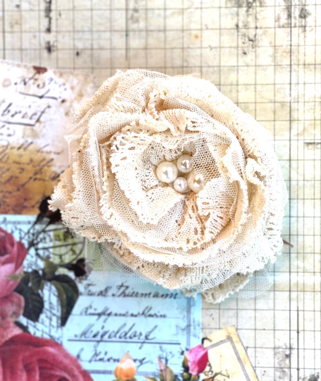 crochet lace rose brooch. Antique cream. vintage rose and coffee.