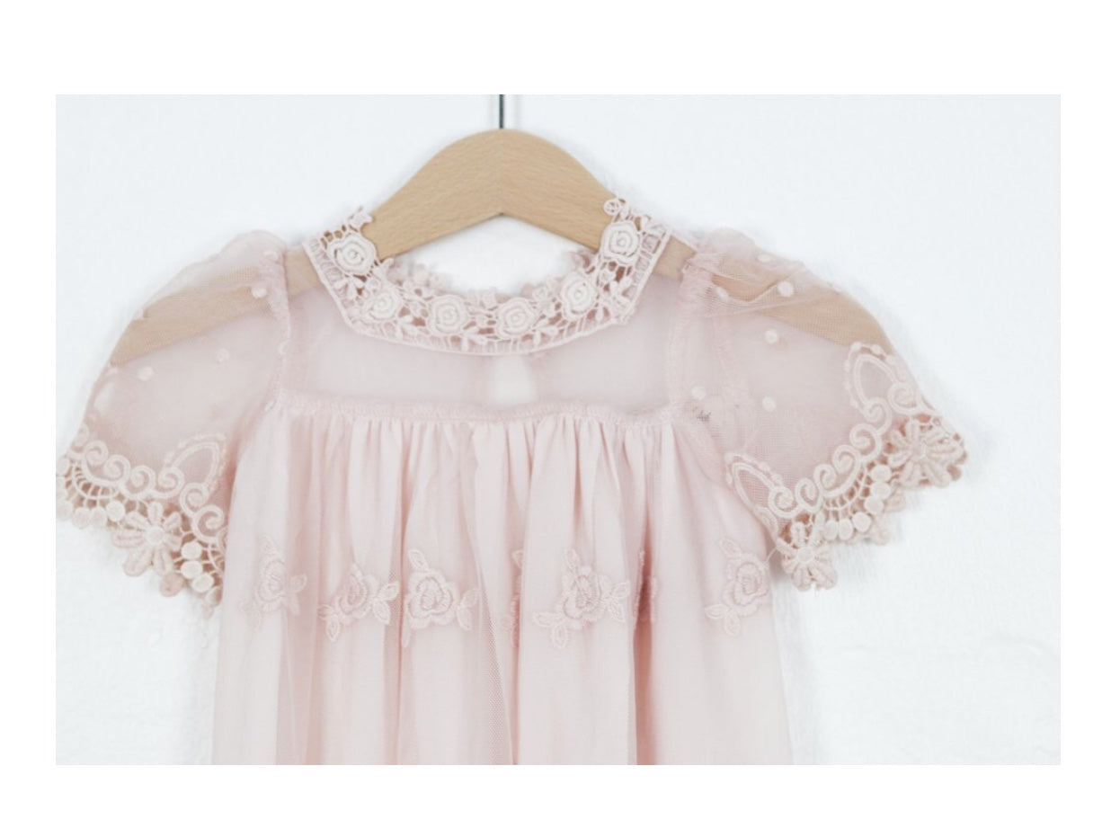 Heirloom Cherub Lace baby dress . Blush & cream