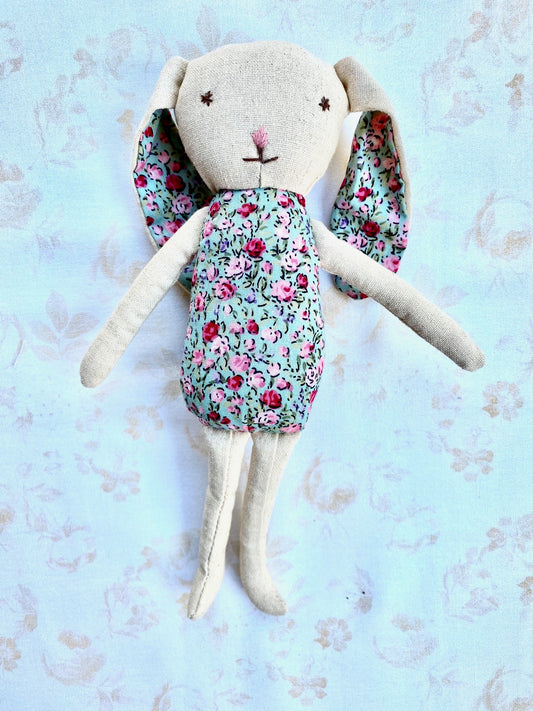 Rosebud Bunny toy. Blue & Pink.