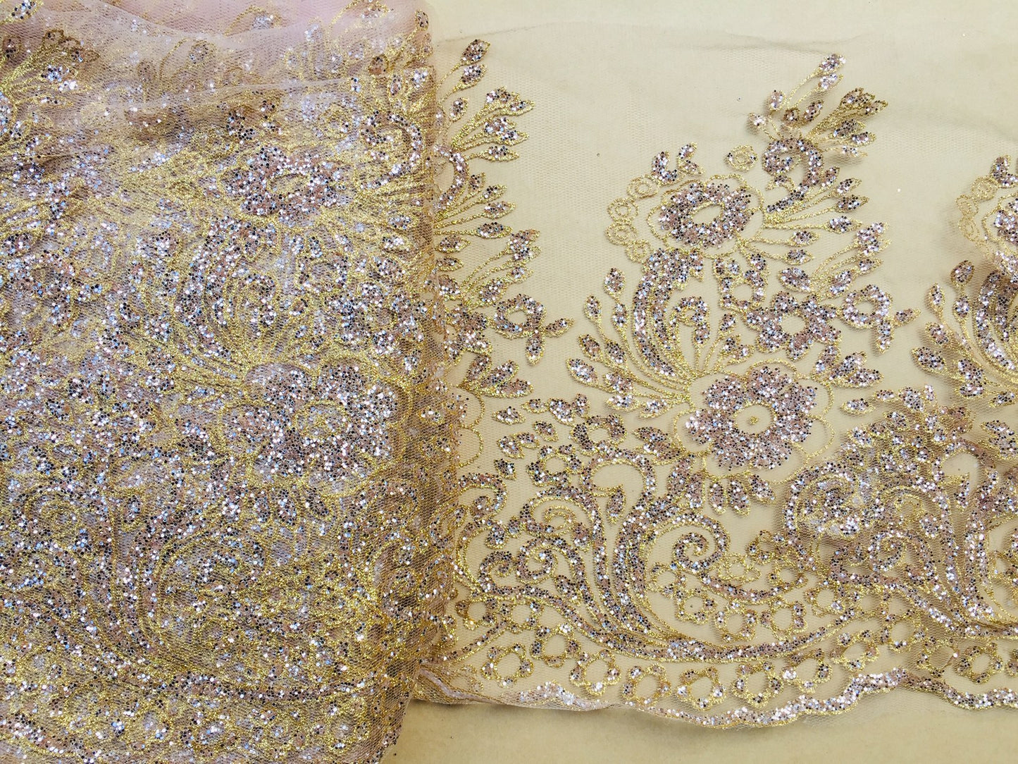 Gold Glittered Lace. Roses and leaves design.