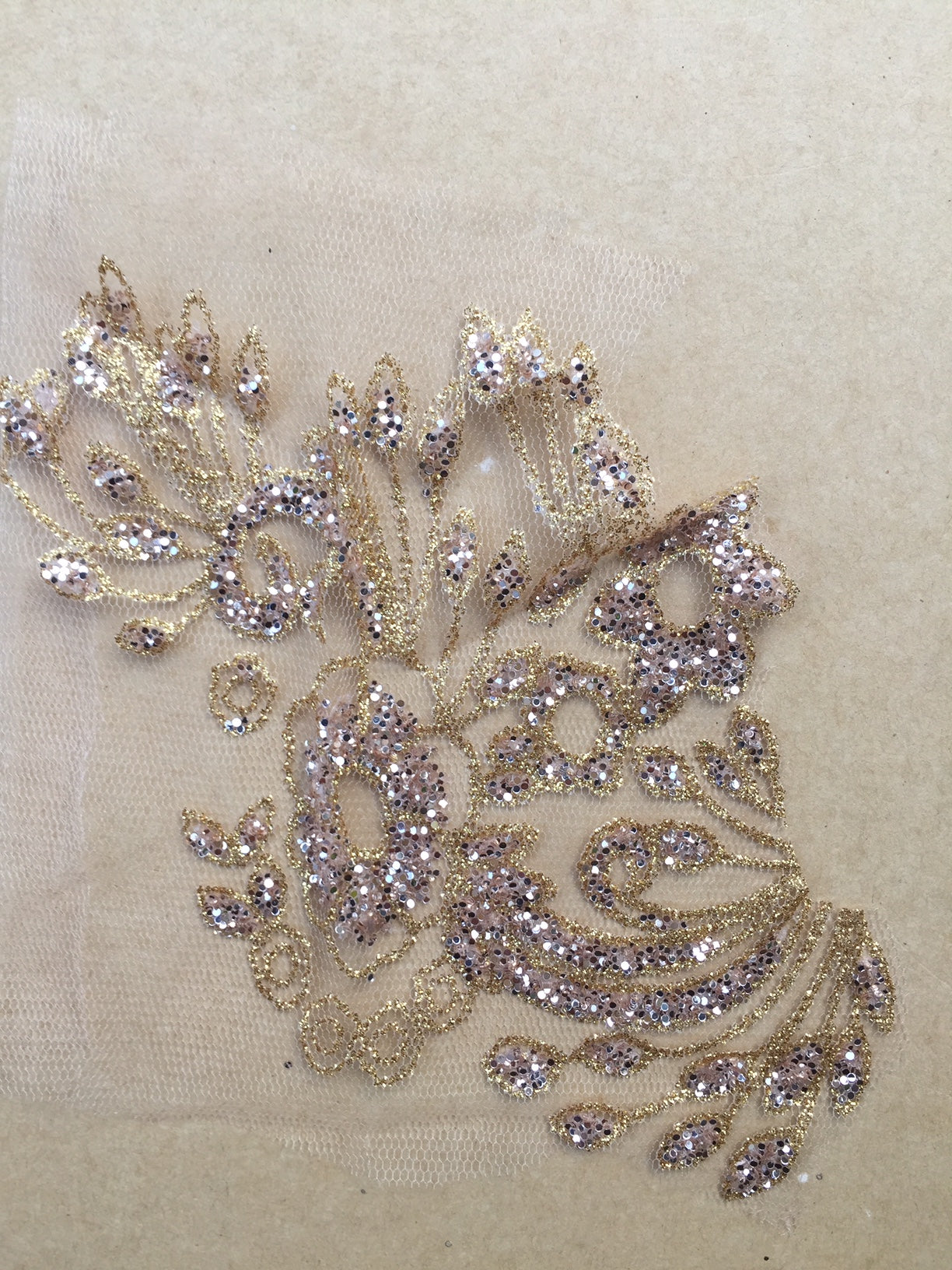 Gold Glittered Lace. Roses and leaves design.