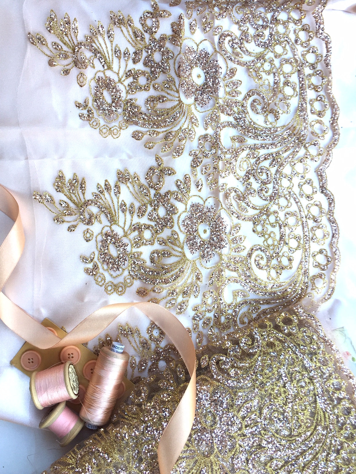 Gold Glittered Lace. Roses and leaves design.