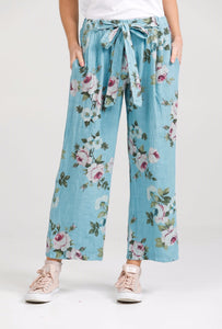 Eva linen floral  Pants . Tahitian Blue Rose