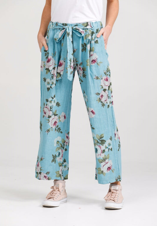 Eva linen floral  Pants . Tahitian Blue