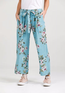 Eva linen floral  Pants . Tahitian Blue Rose