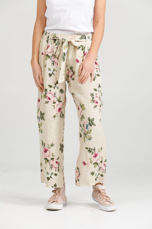 Eva Linen  Floral Pants. Antique Cream