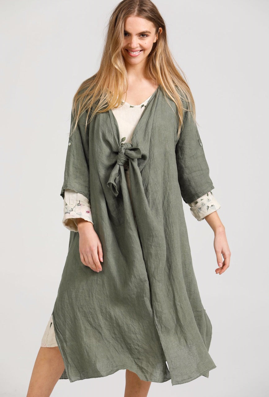 Sabine Linen Duster Coat. Khaki