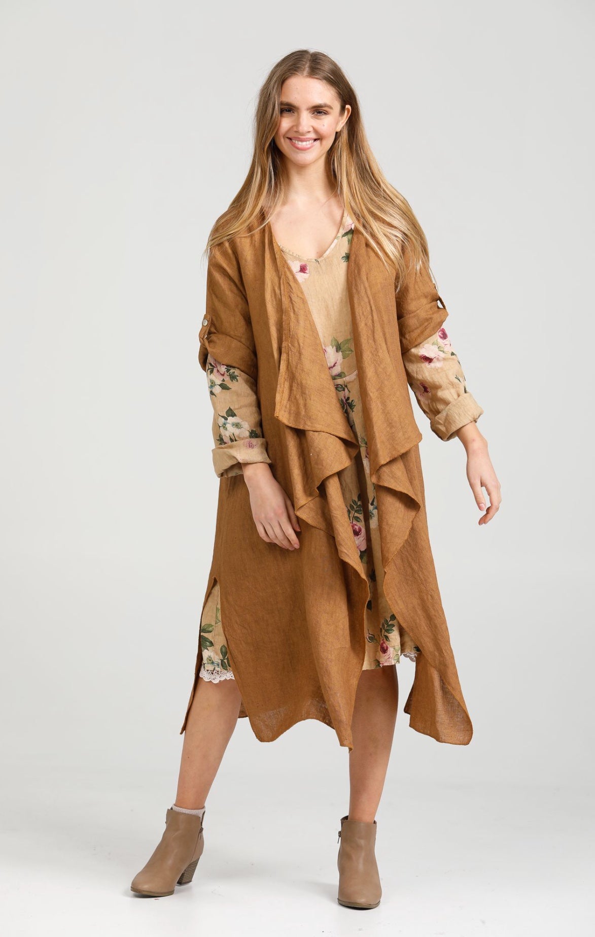 Sabine Linen  Duster coat. Tobacco