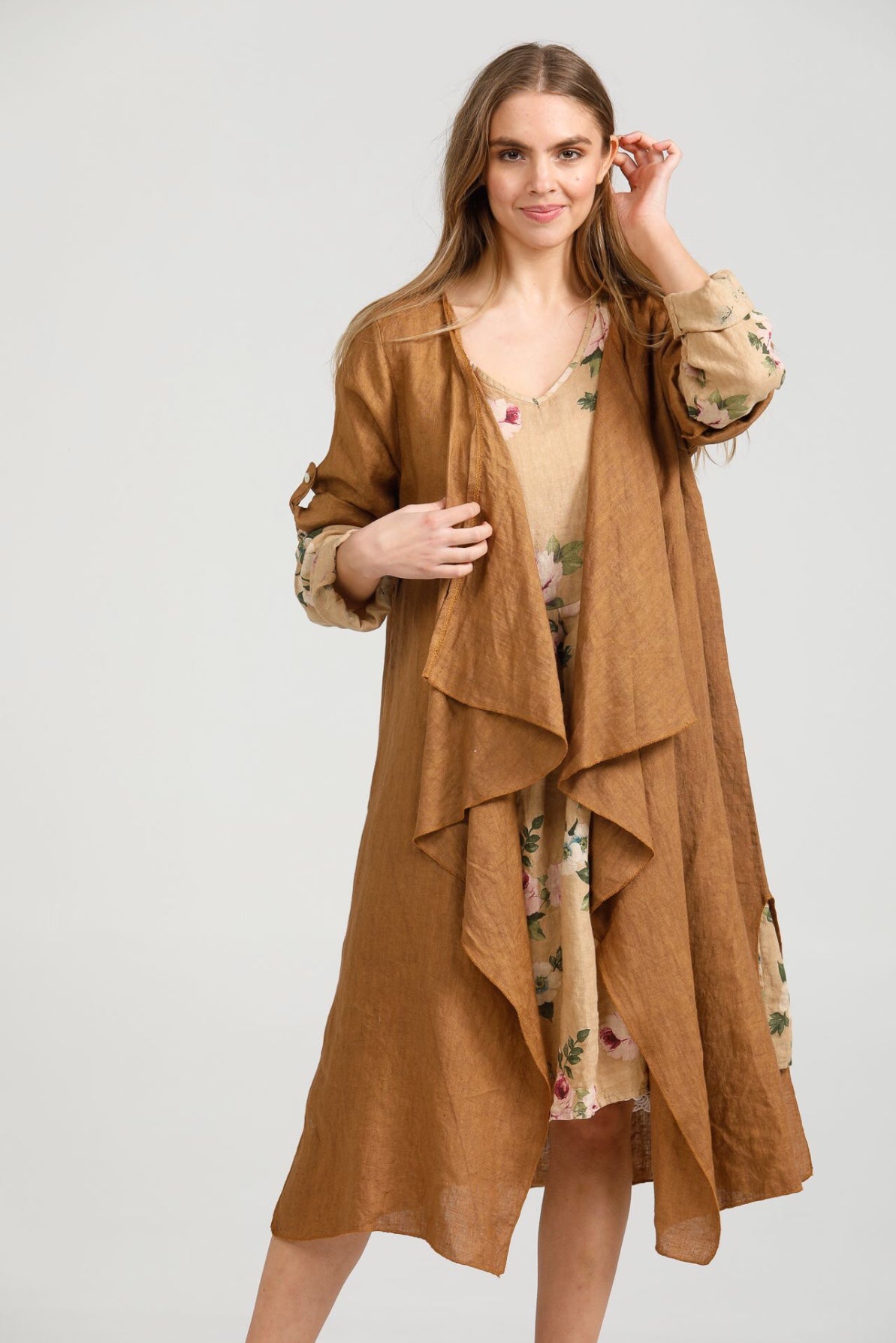 Sabine Linen  Duster coat. Tobacco