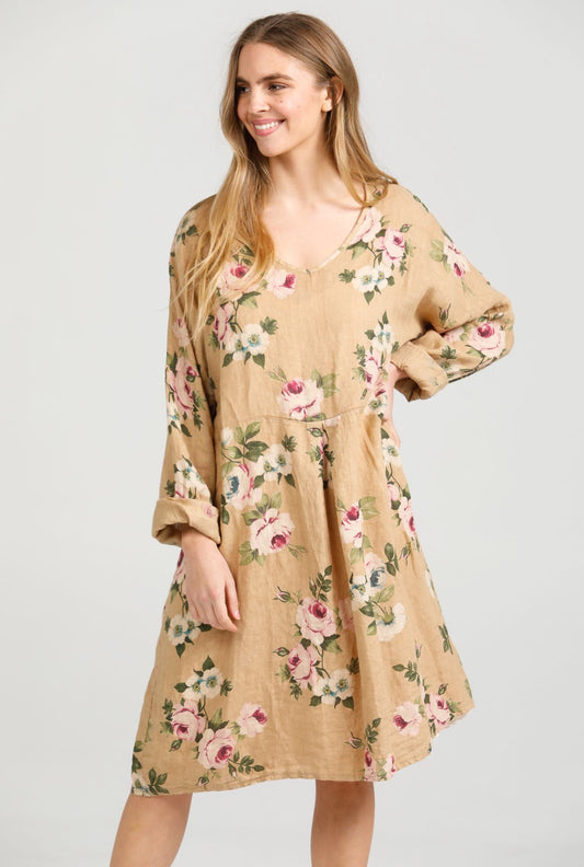 Amelia floral linen dress. Caramel