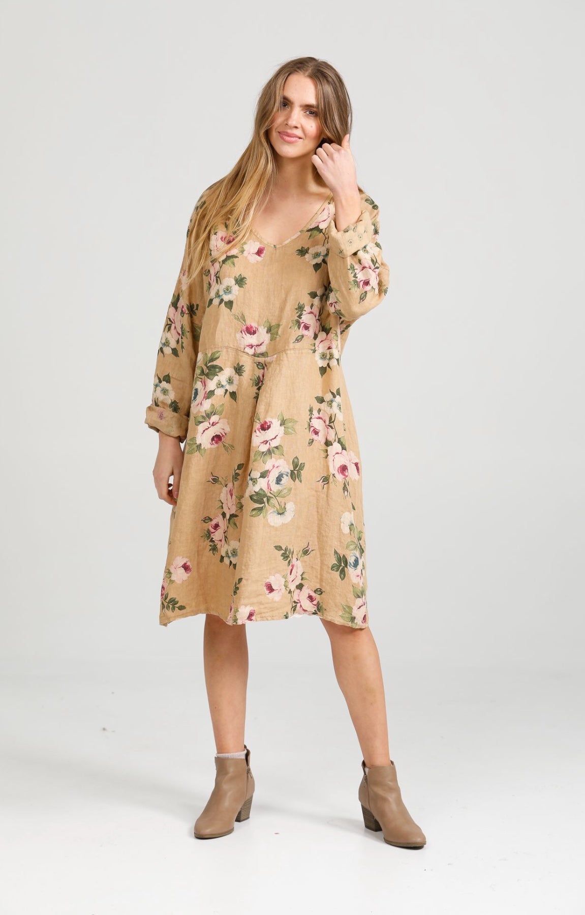 Amelia floral linen dress. Caramel