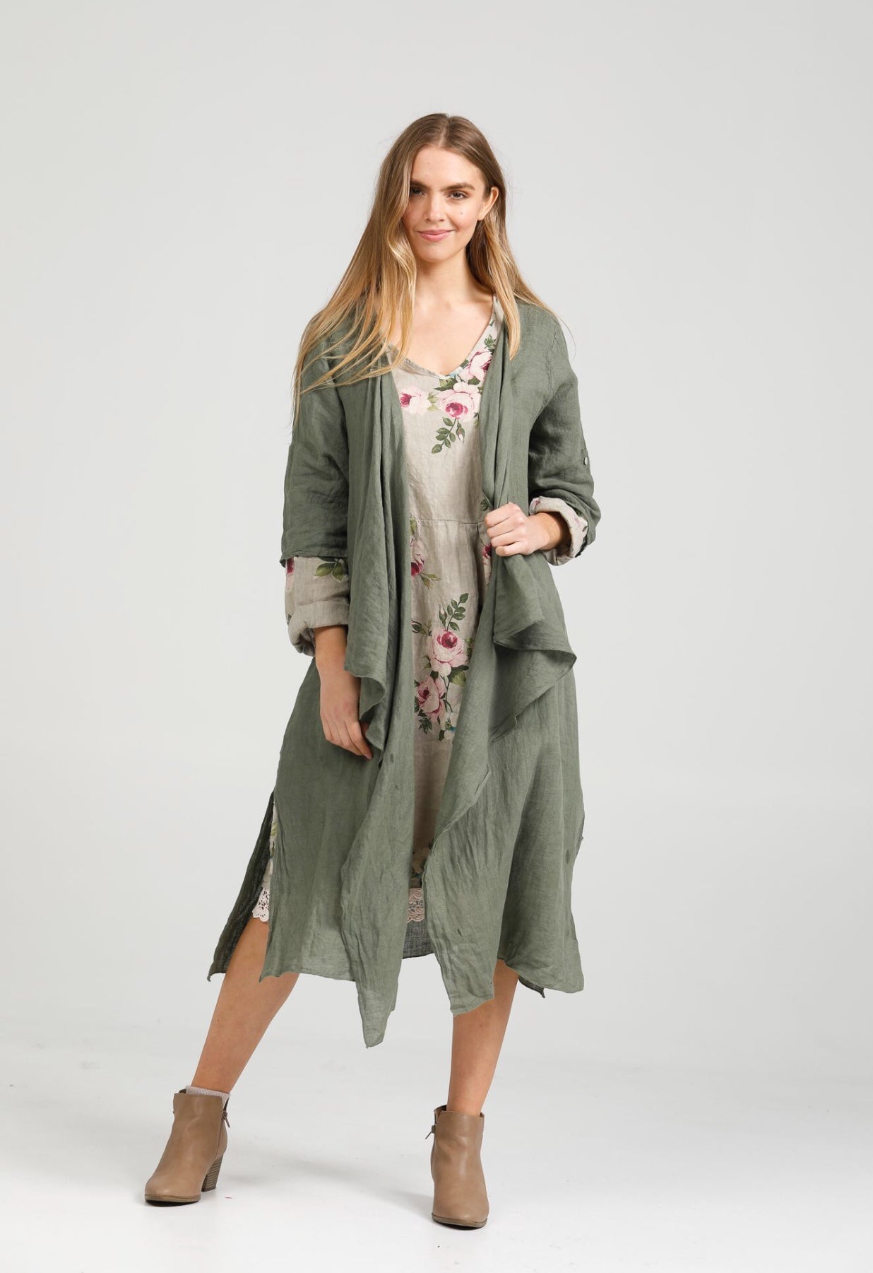 Sabine Linen Duster Coat. Khaki