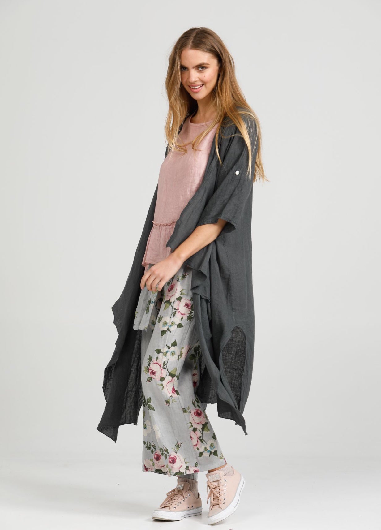 Sabine Linen  Duster Coat. Charcoal.
