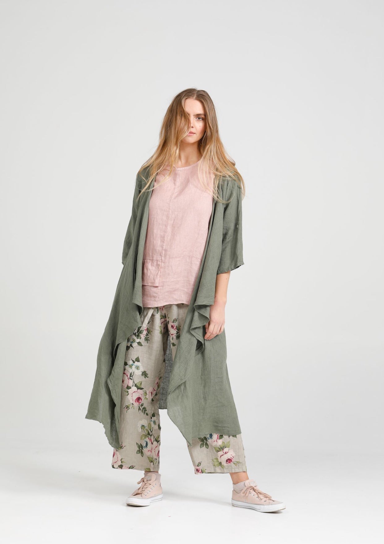 Sabine Linen Duster Coat. Khaki