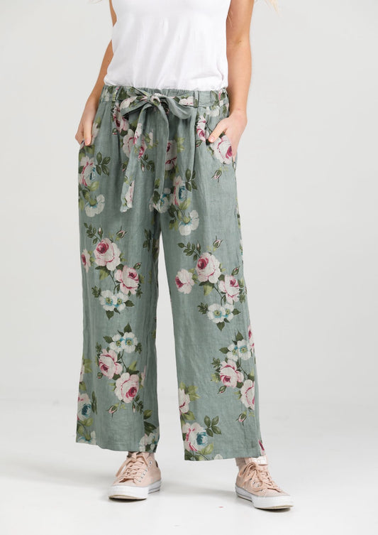 Eva Linen Floral pants. Sage Green