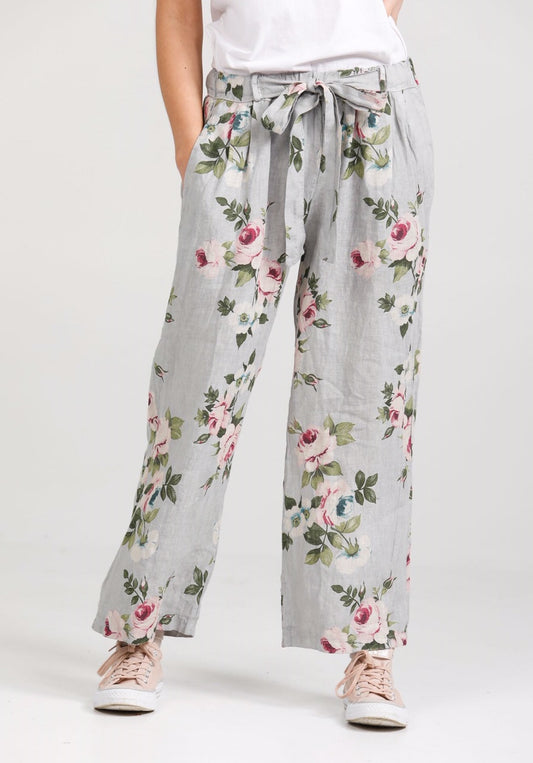 Eva linen floral Pants. Dove Grey