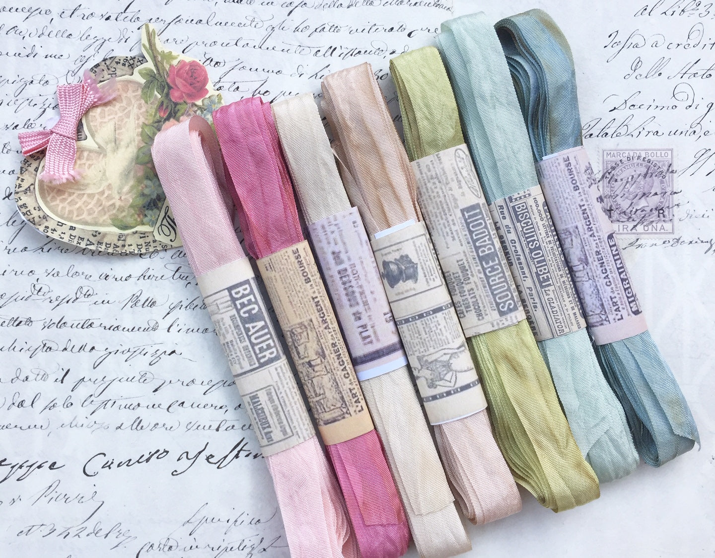 The Watercolour Collection of hand dyed , aged ribbons. Pastel Palace pack 2.