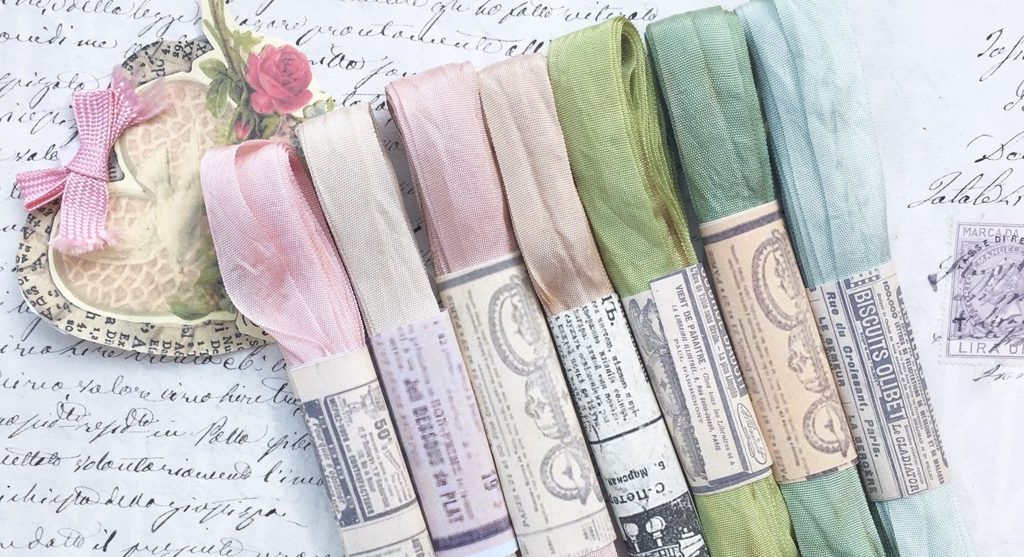 The Watercolour Collection of Hand dyed, aged ribbons. Pastel Palace. Pack one.