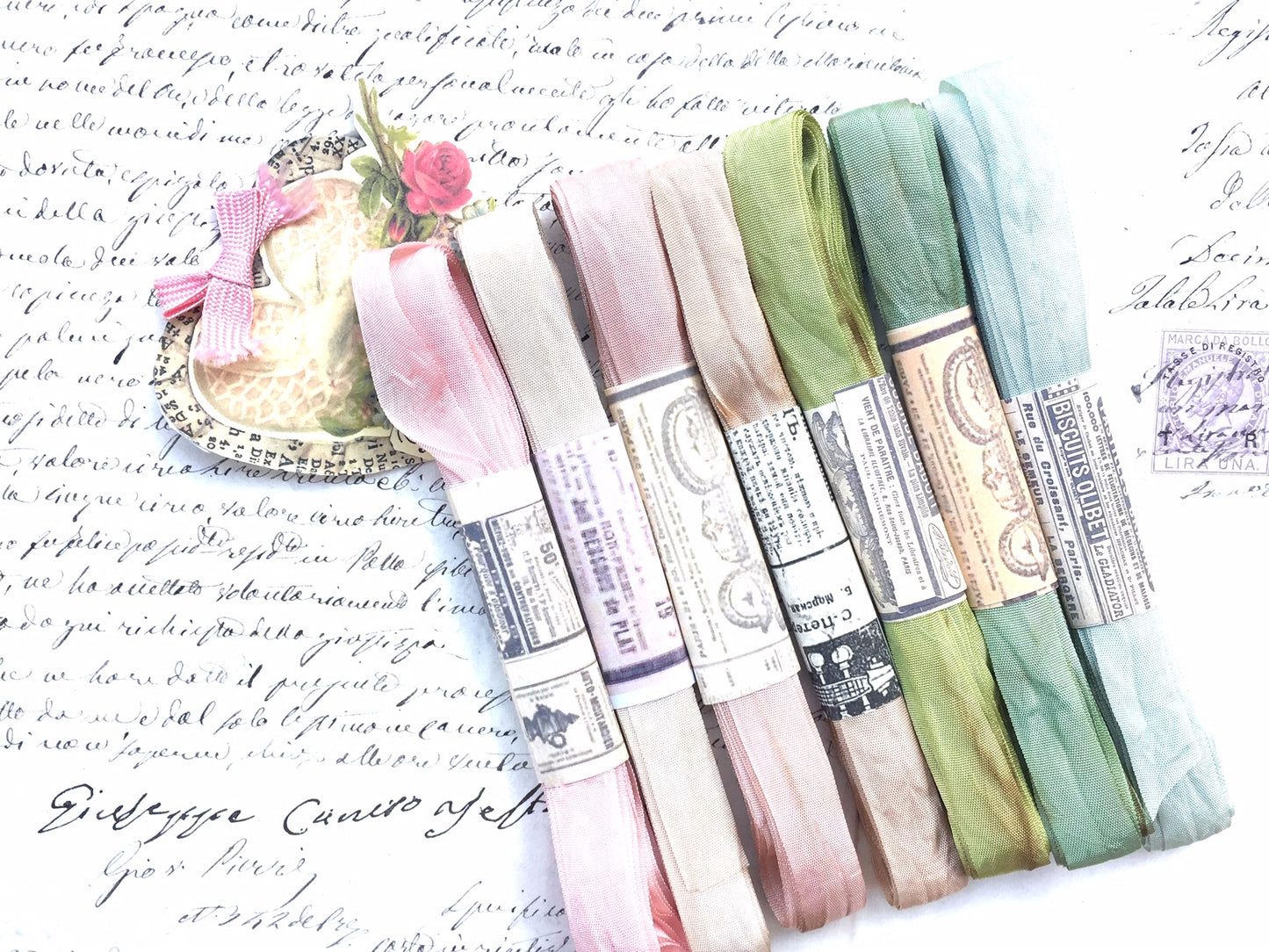 The Watercolour Collection of Hand dyed, aged ribbons. Pastel Palace. Pack one.