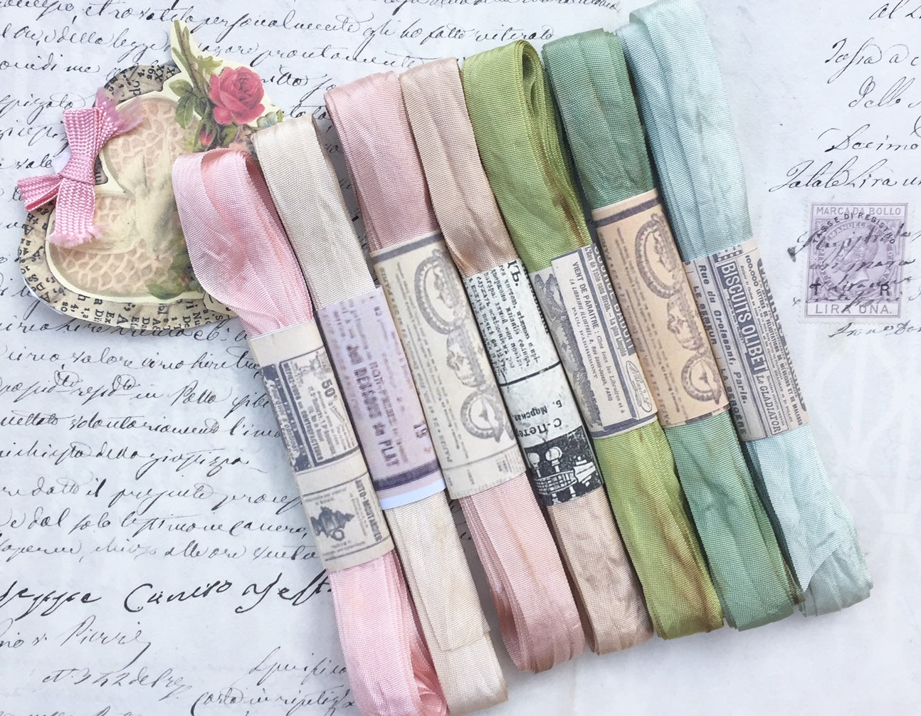 The Watercolour Collection of Hand dyed, aged ribbons. Pastel Palace. Pack one.