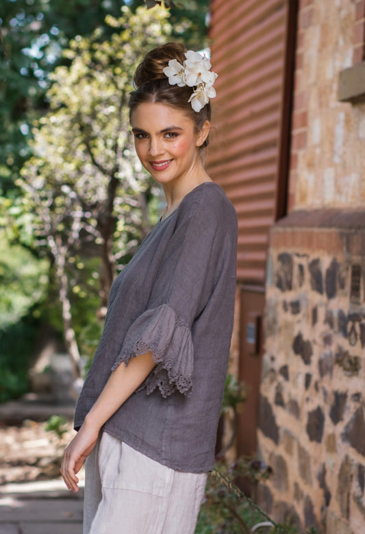 Ellie Lace ruffled Linen top. Charcoal