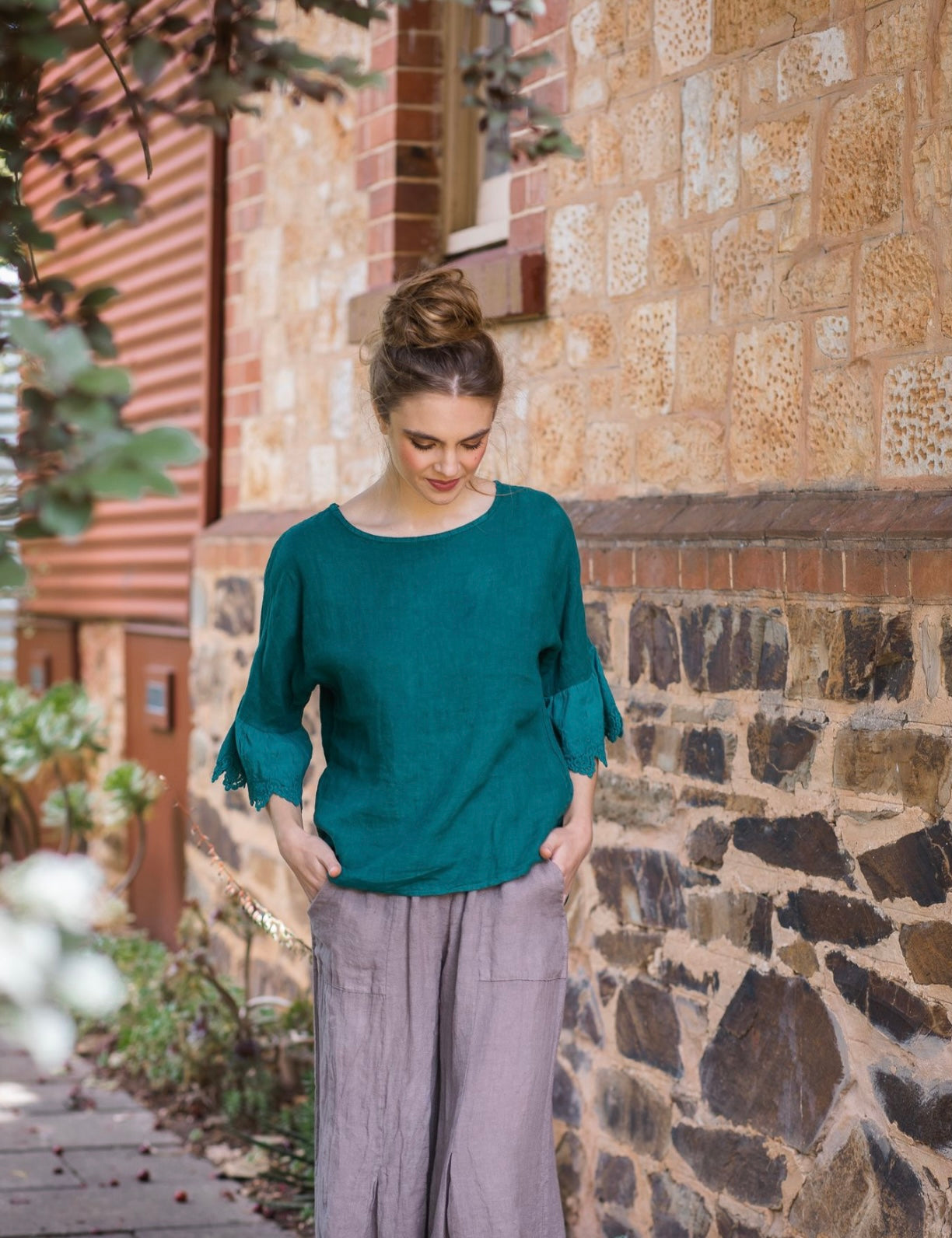 Ellie Ruffle Linen top. Peacock Green