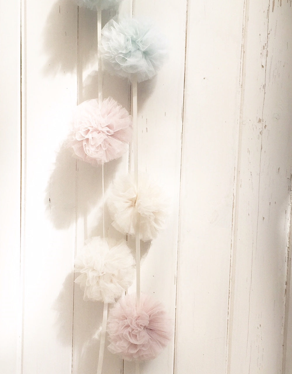 Tulle Pom Pom Garland Bunting 9 balls., Pink and Cream