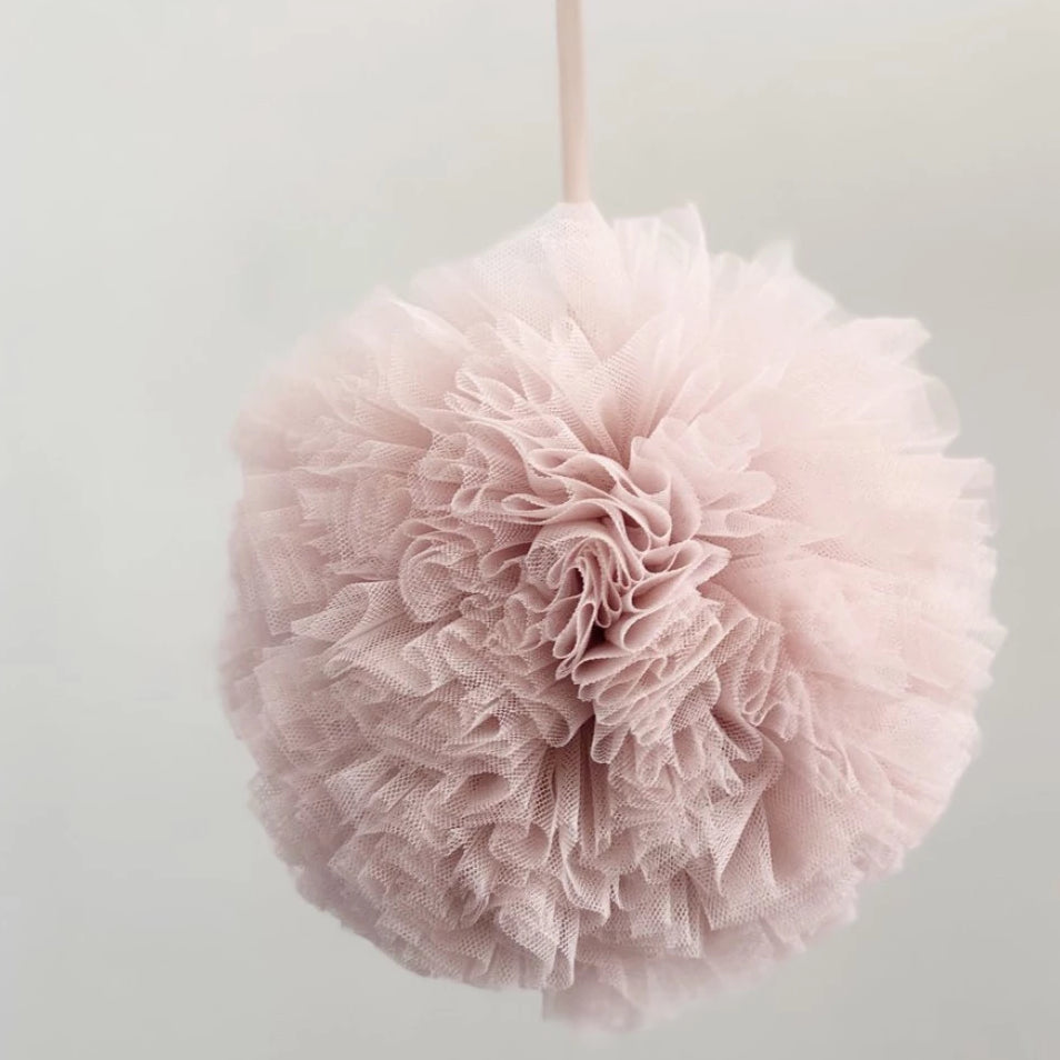 Hanging Tulle Pom Pom. Pink and cream.