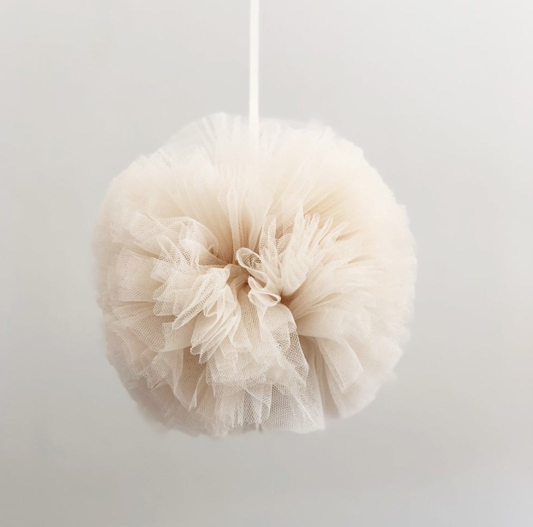 Hanging Tulle Pom Pom. Pink and cream.