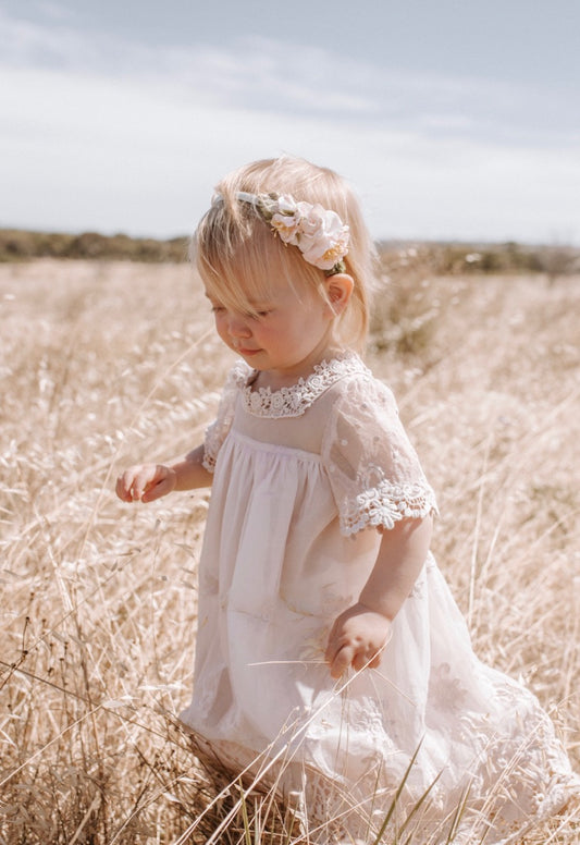 Heirloom Cherub Lace baby dress . Blush & cream