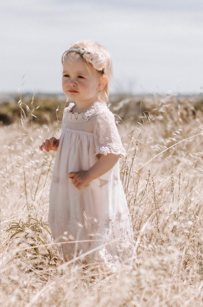 Heirloom Cherub Lace baby dress . Blush & cream